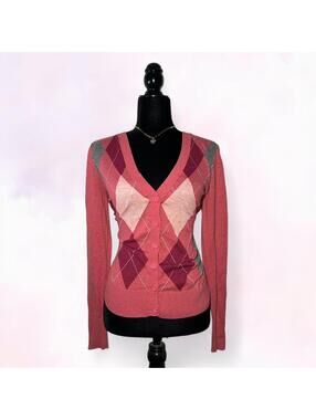 St Johns Bay Pink Argyle Cardigan Preppy Soft Girl Size S